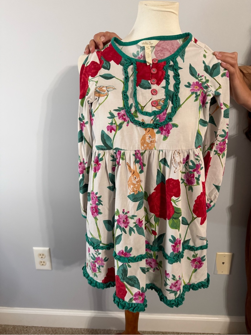 Matilda Jane Cream and  Floral & Red Bunny Print Long-Sleeve Dress
